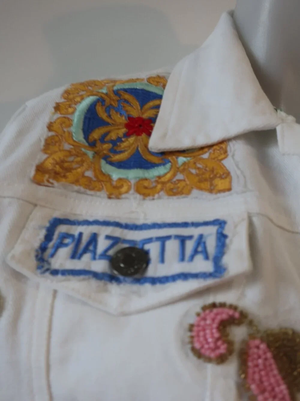 NWT Womens Antica Sartoria By Giacomo Cinque Wht Embroidered Bead Denim Jacket S - Picture 5 of 13